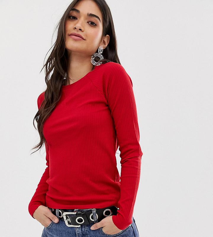 Brave Soul Petite Selina Long Sleeve Top In Rib - Red