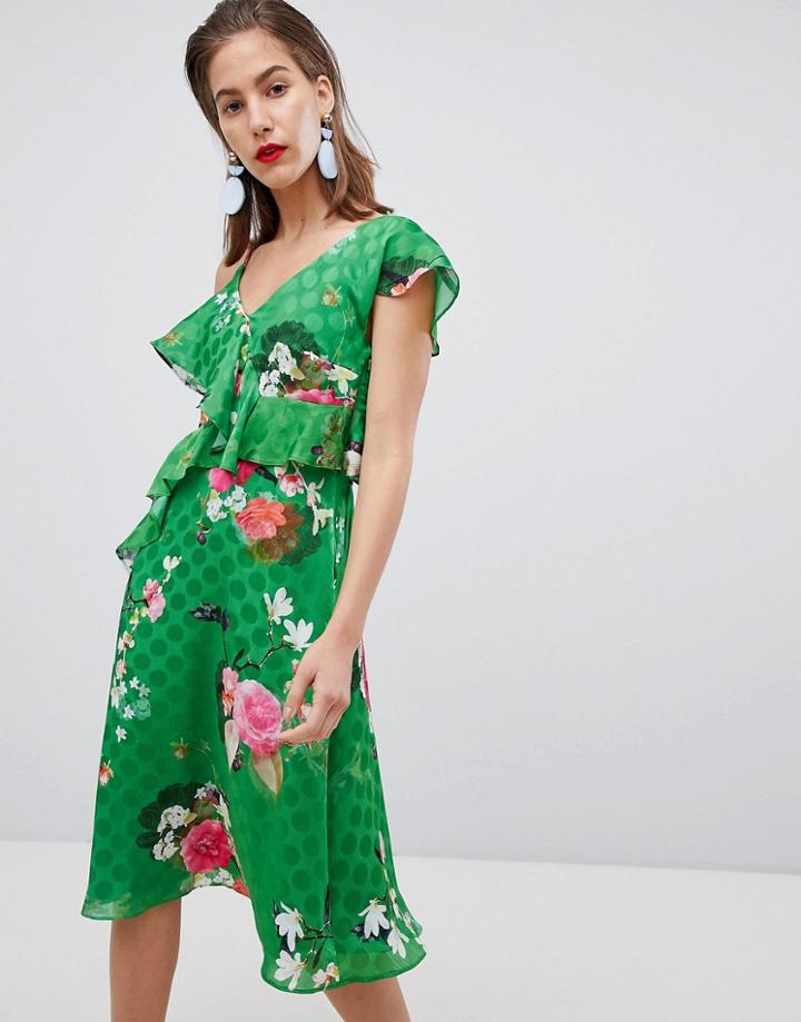 River Island Floral Print One Shoulder Midi Dress-green