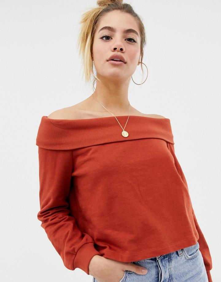 Asos Design Off Shoulder Sweat With Foldover In Rust - Orange