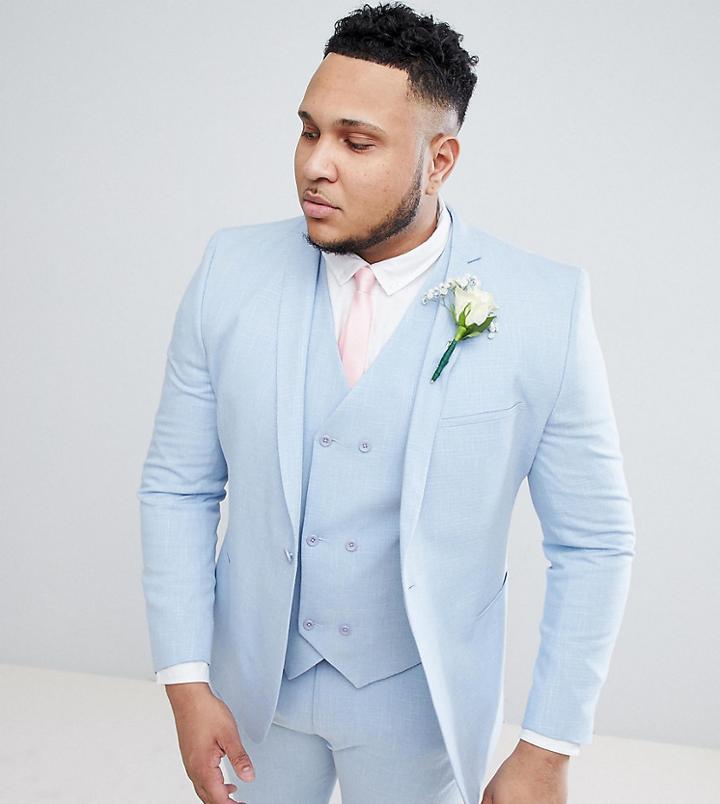 Asos Plus Wedding Skinny Suit Jacket In Soft Blue Cross Hatch With Printed Lining - Blue