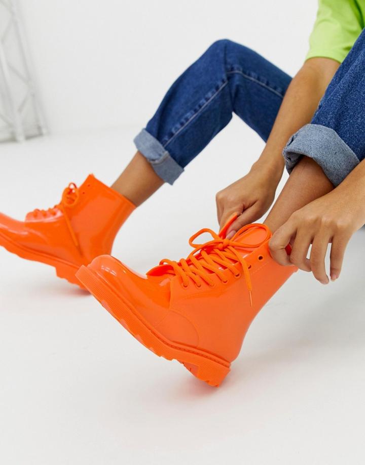 Asos Design Global Lace Up Rain Boots In Neon Orange - Orange