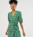 Monki Ditsy Floral Print Mini Tie Waist Shirt Dress In Green - Green