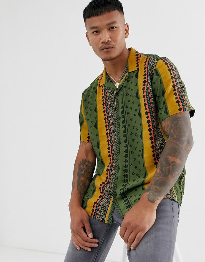Asos Design Relaxed Shirt With Geo-tribal Stripe - Navy