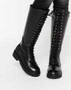 Park Lane Lace Up Chunky Leather Knee Boots - Black
