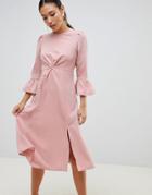 Asos Design Fluted Sleeve Midi Dress With Knot Front-pink