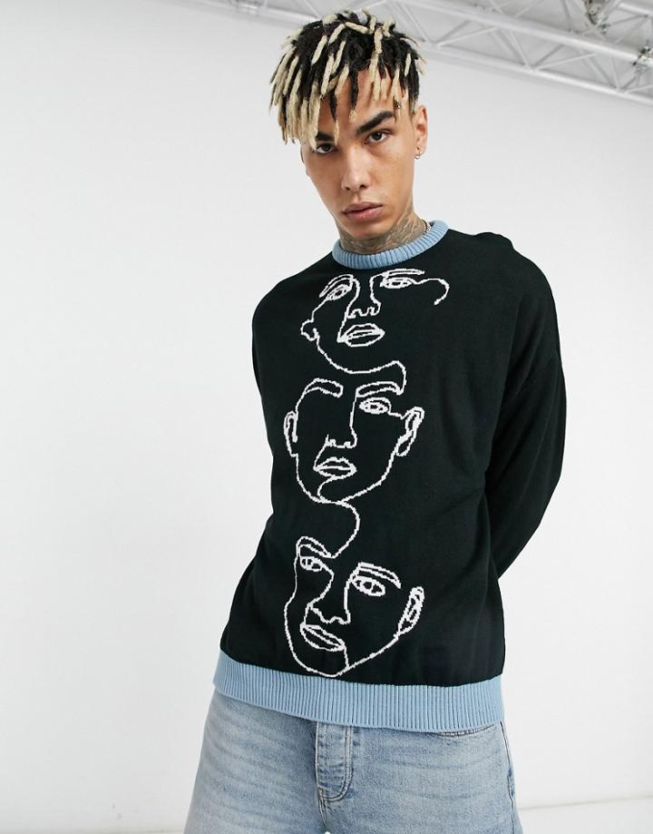 Asos Design Knitted Oversized Sweater With Handrawn Pattern With Blue Trims-black