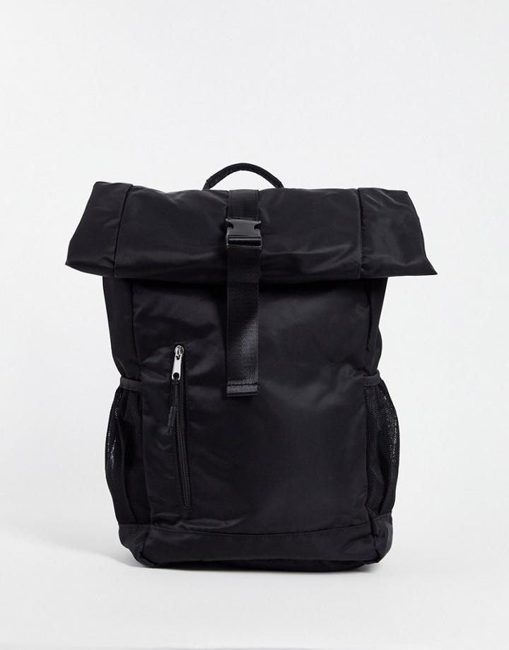 Asos Design Backpack With Roll Top And Front Pocket In Black Nylon