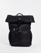 Asos Design Backpack With Roll Top And Front Pocket In Black Nylon