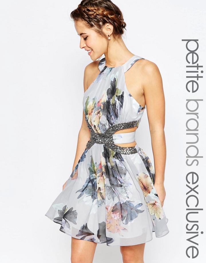 Little Mistress Petite Floral High Neck Skater Mini Dress With Embellished Cutout - Multi