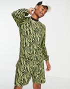 Asos Design Festival Sweatshirt In Green And Black Zebra Print - Part Of A Set-multi