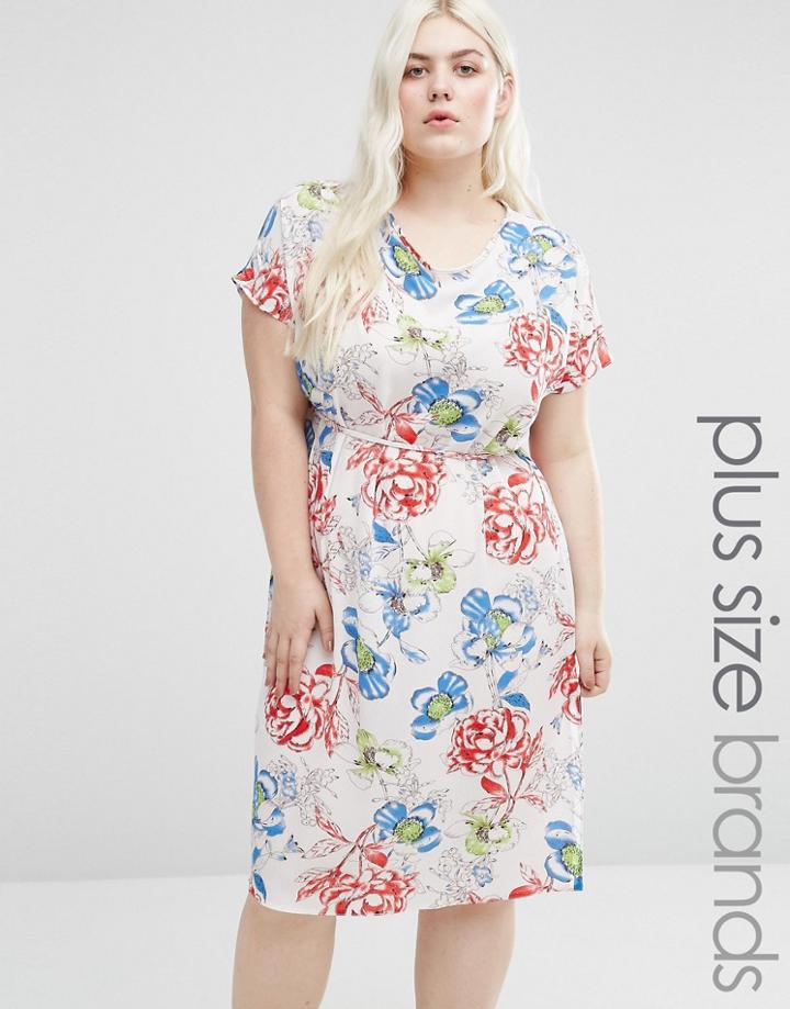 Koko Plus Shift Dress With Side Splits In Rose Print - White