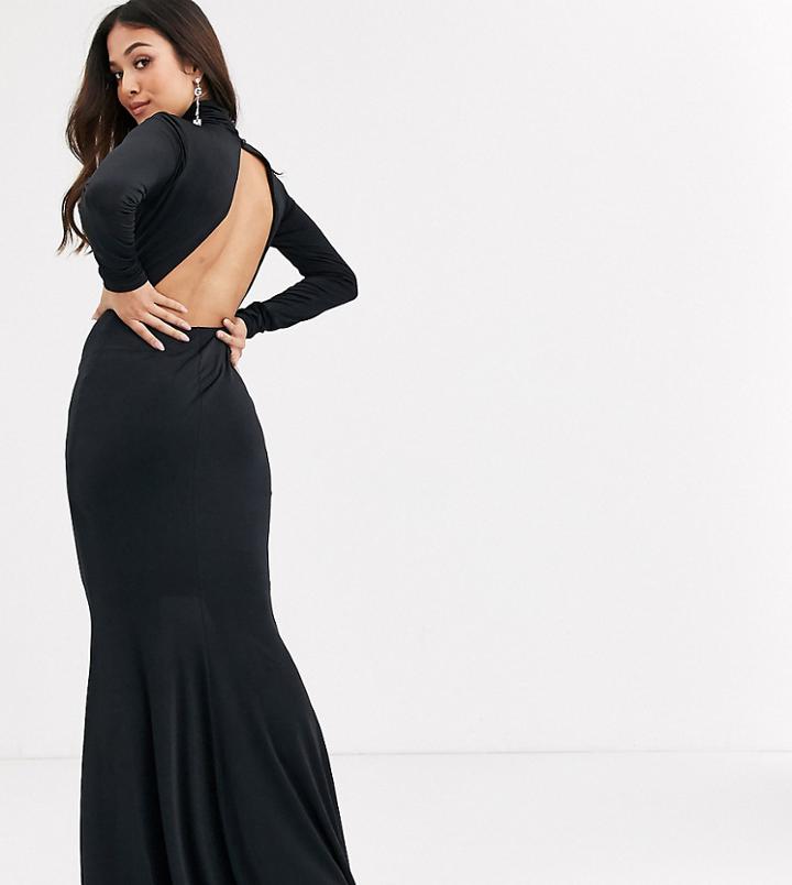 Flounce London Petite High Neck Fishtail Maxi Dress With Ruched Detail In Black
