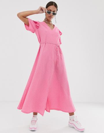 Resume Odelia Check Midi Dress With Frill Sleeve - Pink