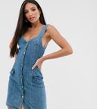 Asos Design Tall Denim Button Pinafore Mini Dress In Blue - Blue