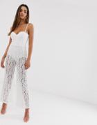 Rare London Sheer Lace Bandeau Jumpsuit With Hot Pants In White