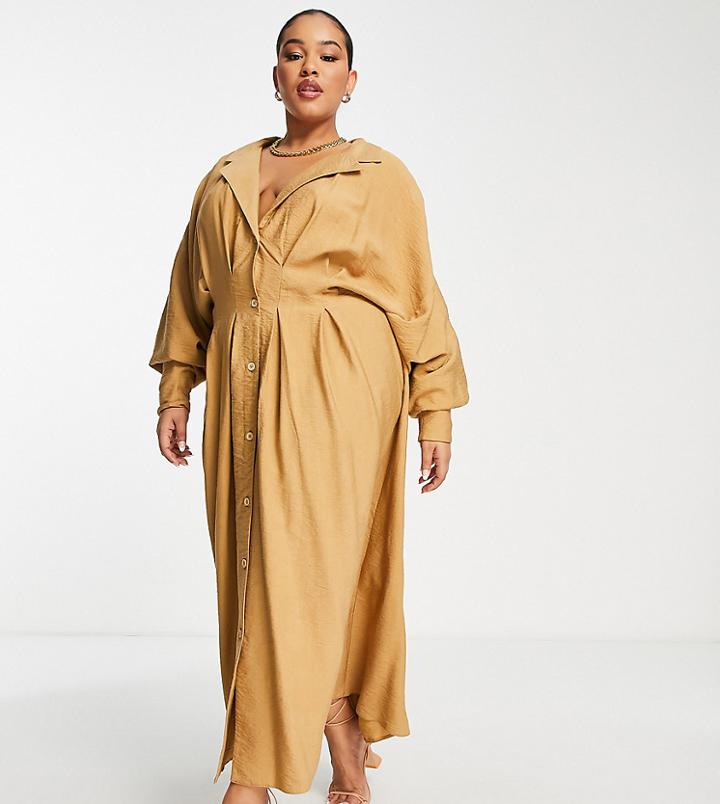 Asos Edition Curve Drape Midi Shirt Dress With Pleat Waist Detail In Camel-neutral