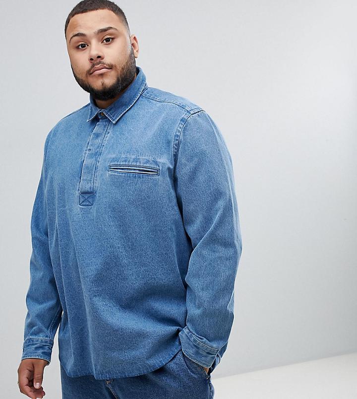 Asos Design Plus Oversized Denim Overhead Shirt In Mid Wash - Blue
