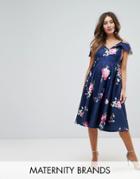 Chi Chi London Maternity Midi Dress With Frill Cold Shoulder - Multi