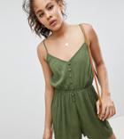 Asos Design Tall Romper In Crinkle With Button Front - Green
