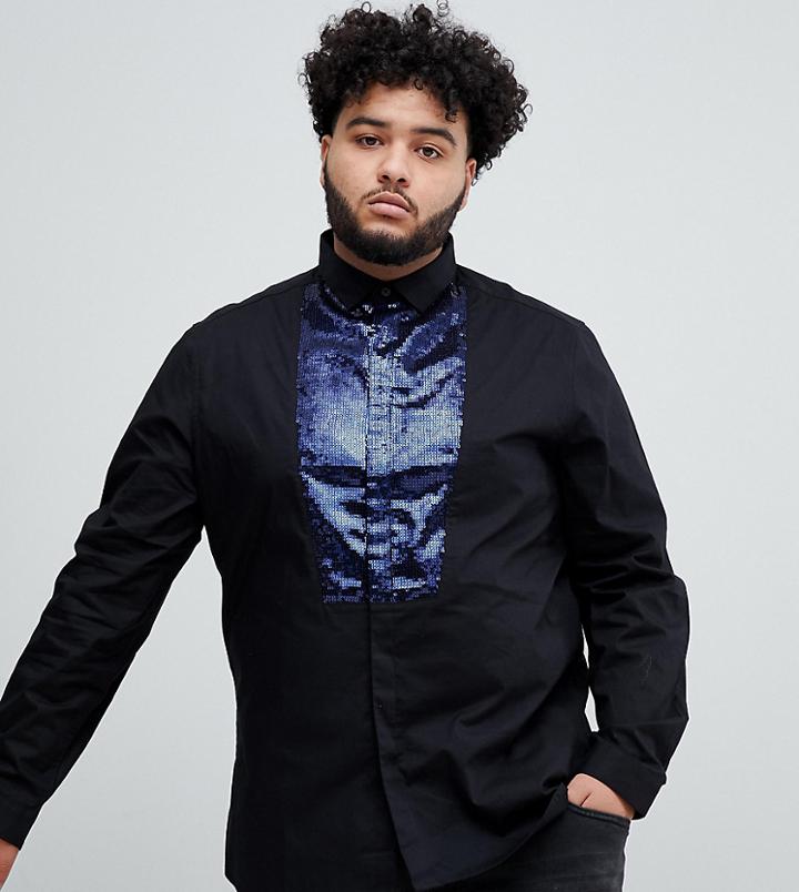 Asos Design Plus Slim Sateen Shirt In Black With Navy Sequin Bib