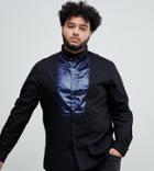 Asos Design Plus Slim Sateen Shirt In Black With Navy Sequin Bib