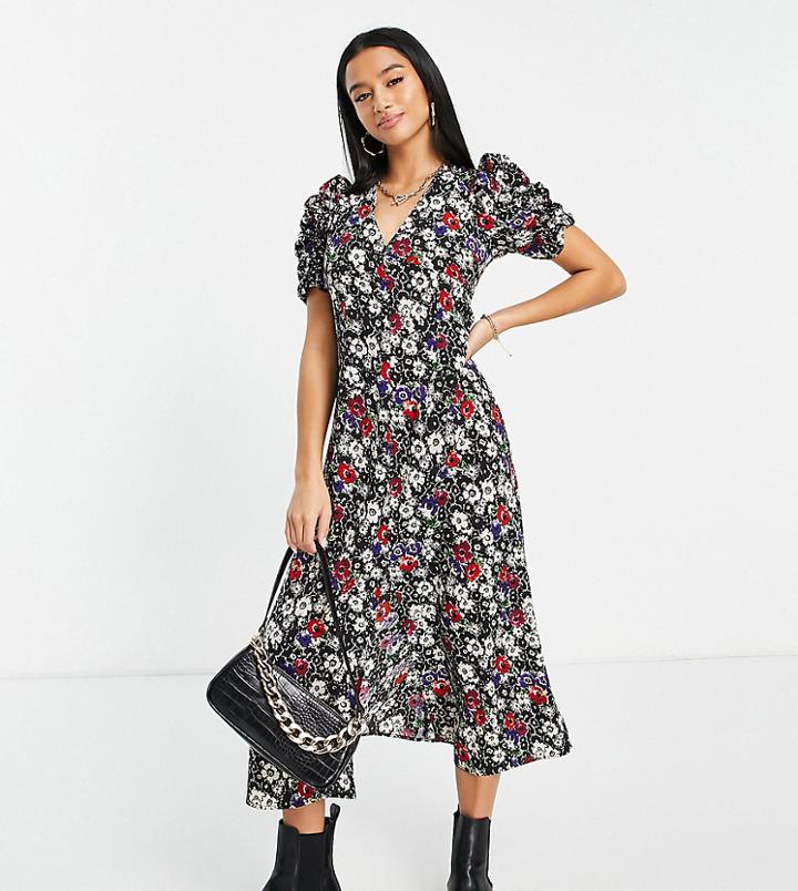 Topshop Petite Puff Sleeve Midi Dress In Floral Print-multi