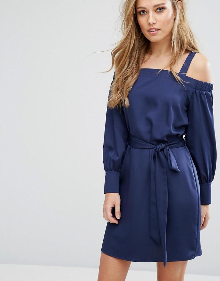 Warehouse Off The Shoulder Tie Waist Dress - Navy