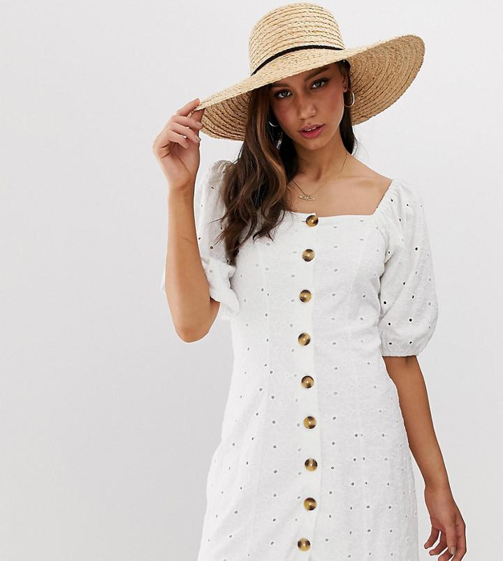 Asos Design Tall Button Through Broderie Tea Dress-white