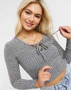 New Look Two-piece Rib Marl Lace Up Top In Dark Gray-grey