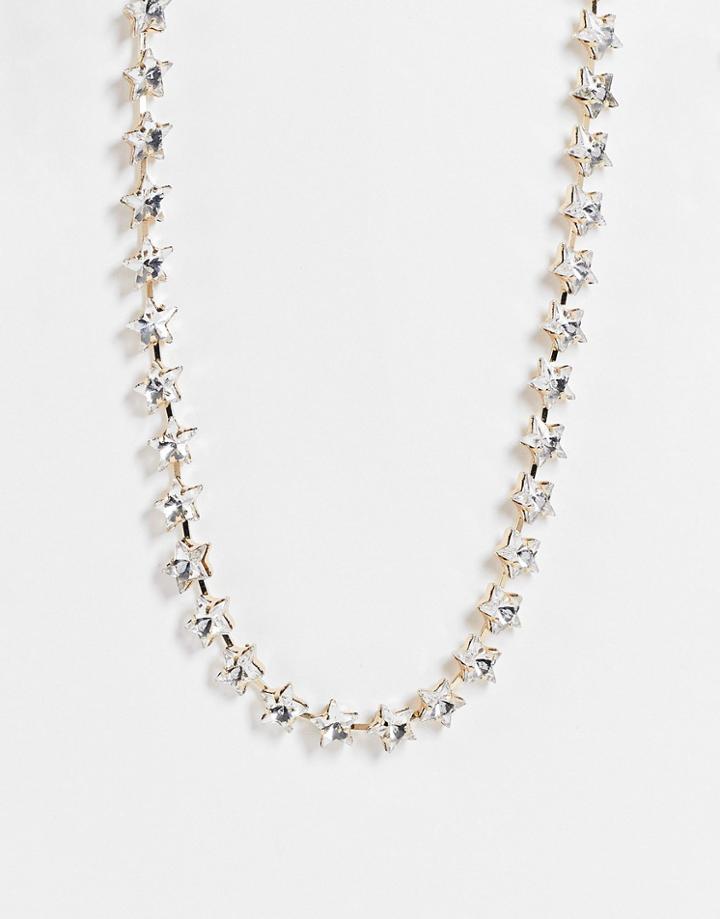 Asos Design Necklace With Crystal Star Design In Gold Tone