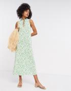 Asos Design Plisse Midi Dress With Frill Neck In Green Floral