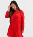 Asos Design Petite Pleated Trapeze Mini Dress With Long Sleeves - Red