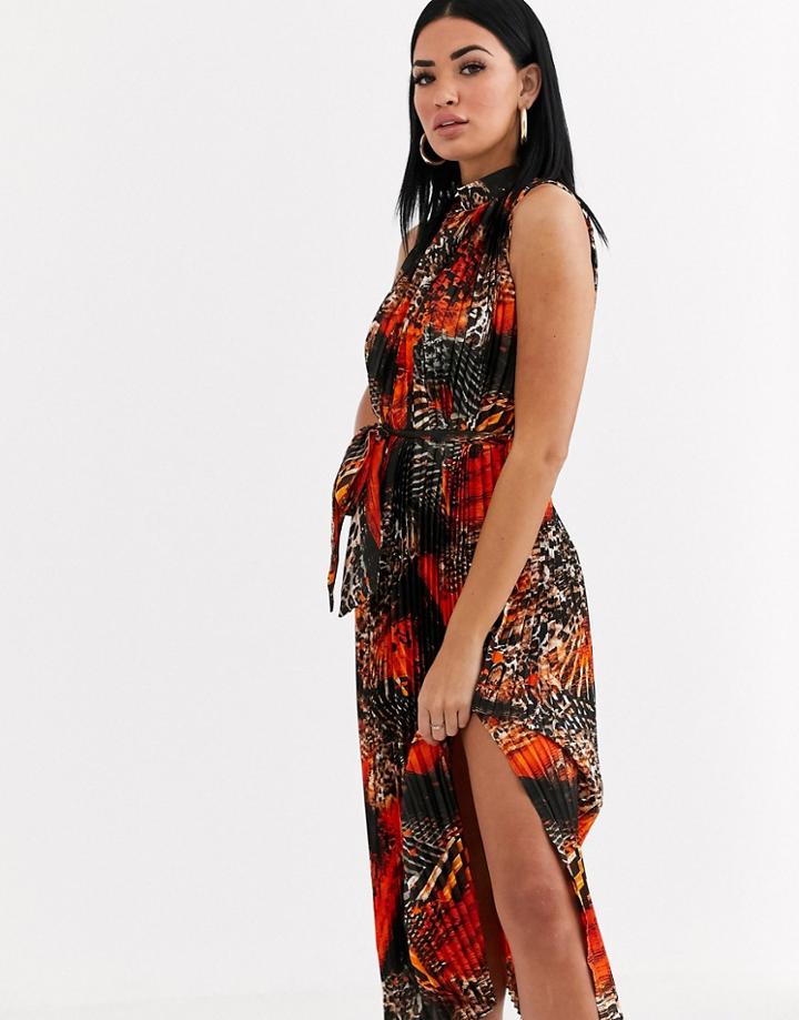 Forever U Pleated Satin Midaxi Dress In Orange Print