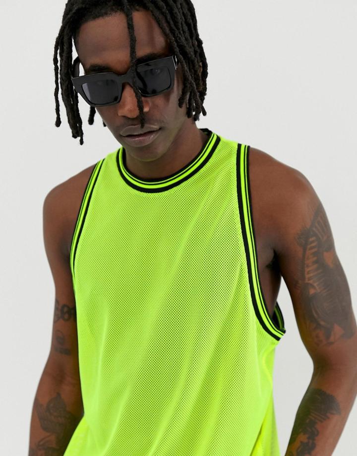 Asos Design Festival Relaxed Racer Tank In Neon Mesh With Tipping - Green