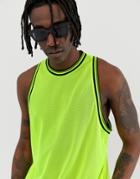 Asos Design Festival Relaxed Racer Tank In Neon Mesh With Tipping - Green