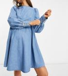 Asos Design Maternity Soft Denim Puff Sleeve Smock Dress In Midwash-blues