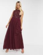 Lace & Beads Sleeveless Embellished Maxi Dress In Burgundy-red