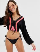Asos Design Beach Top With Lace Up Front & Neon Fringing-black