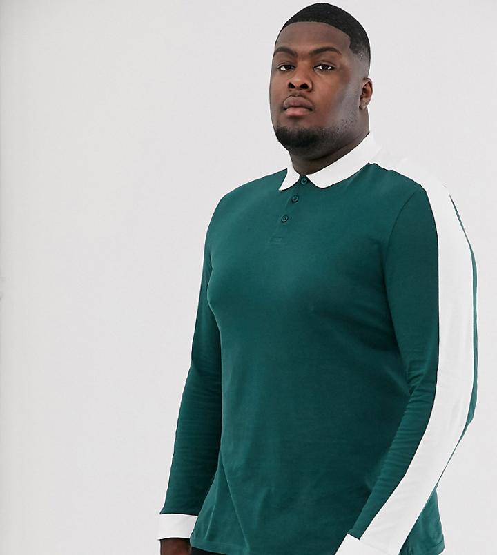 Asos Design Plus Organic Long Sleeve Polo Shirt With Contrast Shoulder Panel In Green