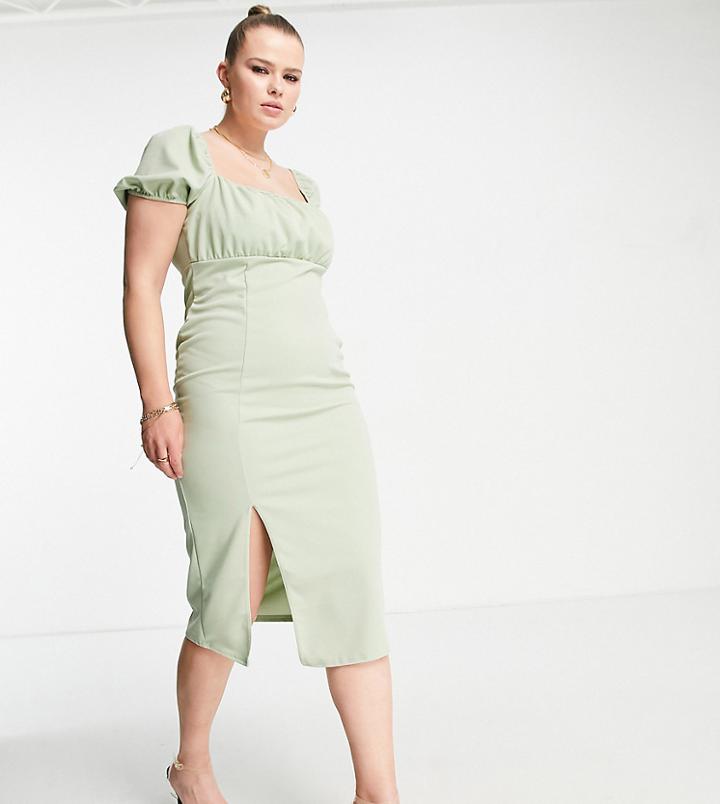 Missguided Plus Crepe Milkmaid Midi Dress In Khaki-green