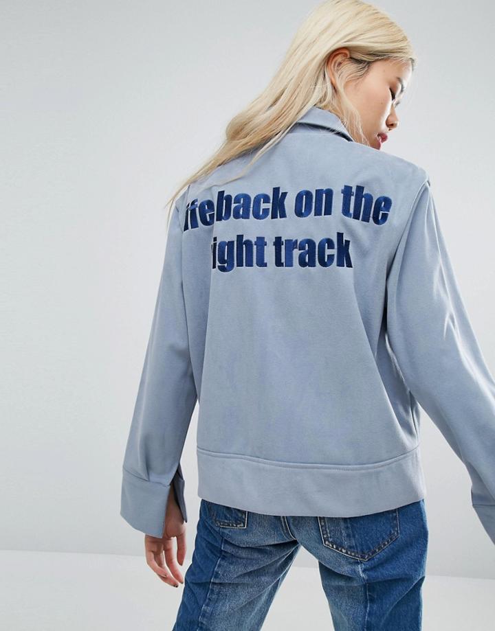 Stylenanda Coach Jacket With Back Slogan - Blue