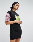 Daisy Street T-shirt Dress With Mesh Sleeve Trim And Rebel Print - Black