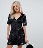 Asos Design Petite Embroidered Velvet Button Through Tea Dress - Black