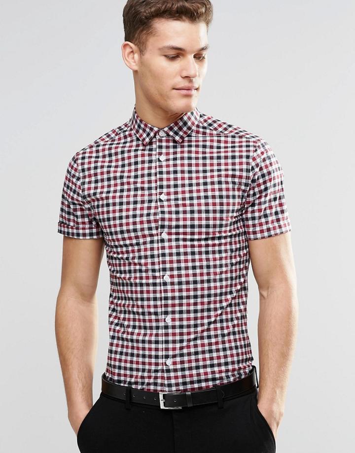 Asos Skinny Shirt In 2 Color Check With Short Sleeves - Burgundy