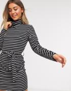 Brave Soul High Neck Jersey Mini Dress With Tie Waist In Black And White Stripe