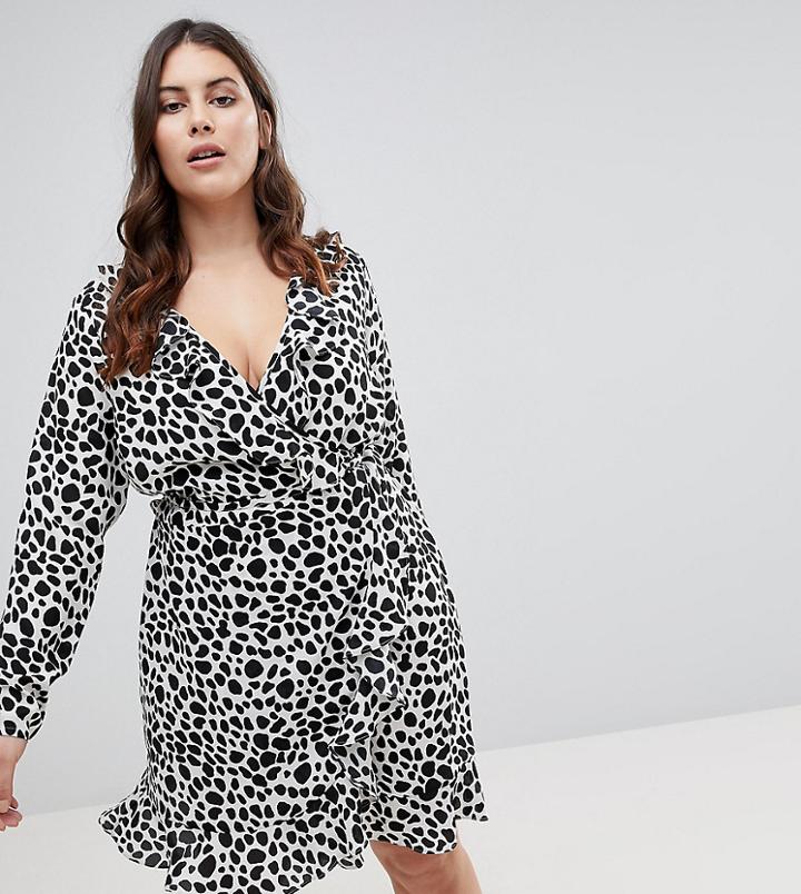 Asos Curve Mono Polka Dot Ruffle Wrap Mini Dress - Multi