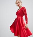City Goddess Petite Prom Dress With Lace Sleeves-red