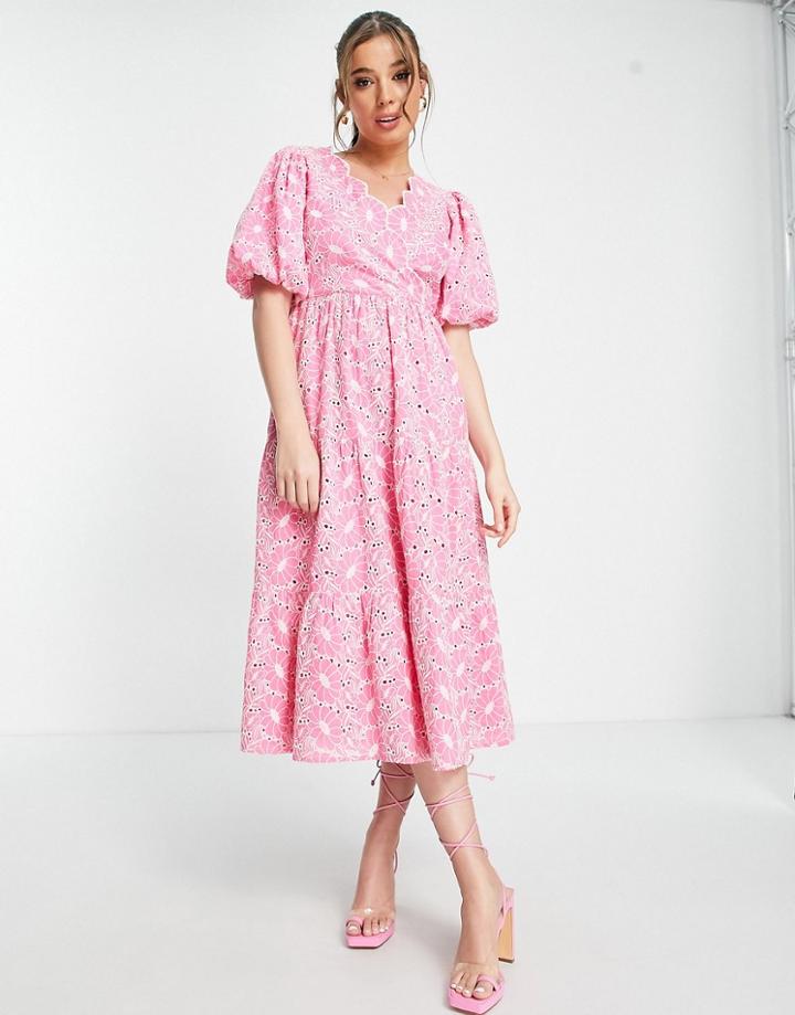 Miss Selfridge Broderie Wrap Midi Dress In Hot Pink