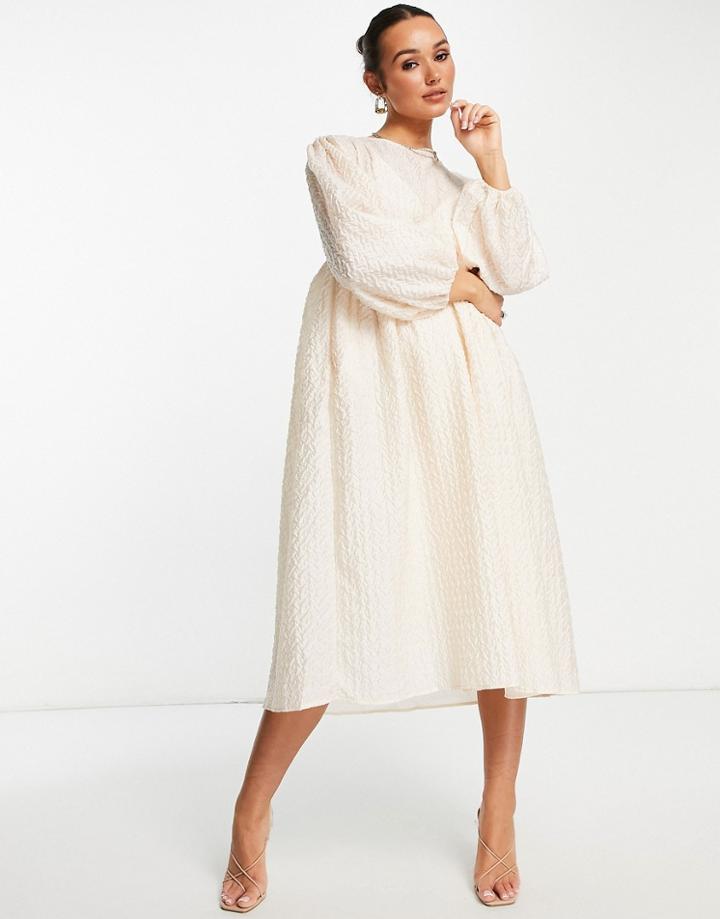 Ghospell Balloon Sleeve Midi Smock Dress In Textured Cream-white