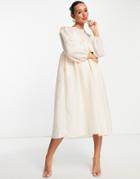 Ghospell Balloon Sleeve Midi Smock Dress In Textured Cream-white